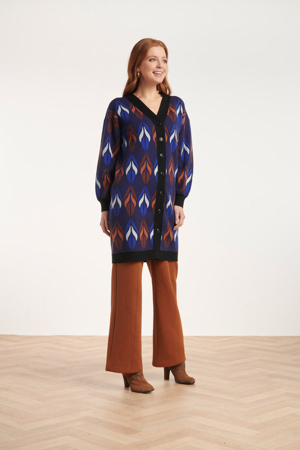 Smashed Lemon 24613 Gebreide Vest Met Bladeren Print | Blue-Brown