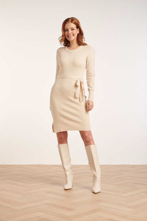 Smashed Lemon 24622 Beige Gebreide Jurk Met Ronde Hals | Sand