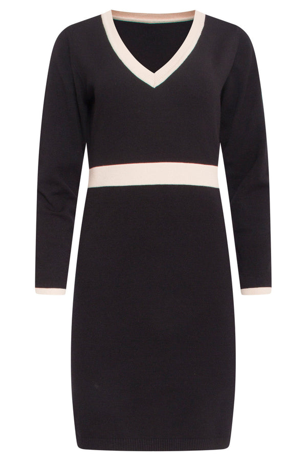 Smashed Lemon 24632 Beige Bicolor Gebreide Jurk Met V-Hals | Black-Sand