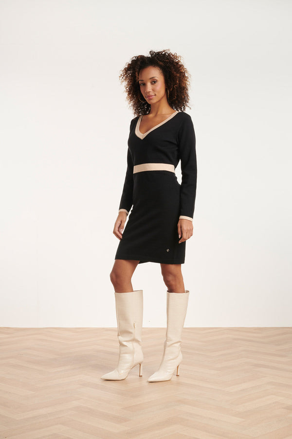 Smashed Lemon 24632 Beige Bicolor Gebreide Jurk Met V-Hals | Black-Sand