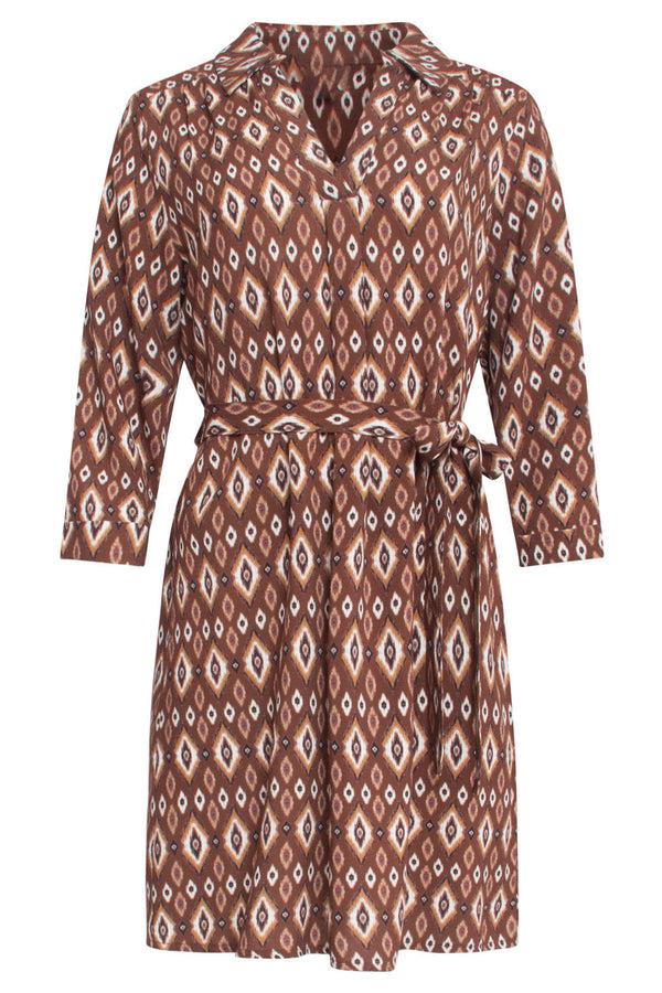 Smashed Lemon 24661 E Tribal Print Jurk Met Kraag | Brown-Off-White