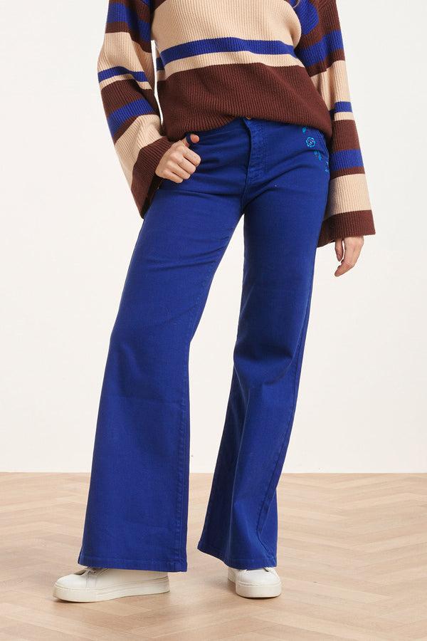 smashed lemon 24673 Kobalt Flared Jeans Met Bloemembroidery | Cobalt Blue