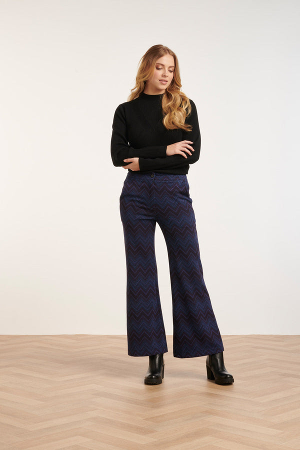 Smashed Lemon 24678 Zigzag Print Broek Met Flared Pasvorm | Navy-Black