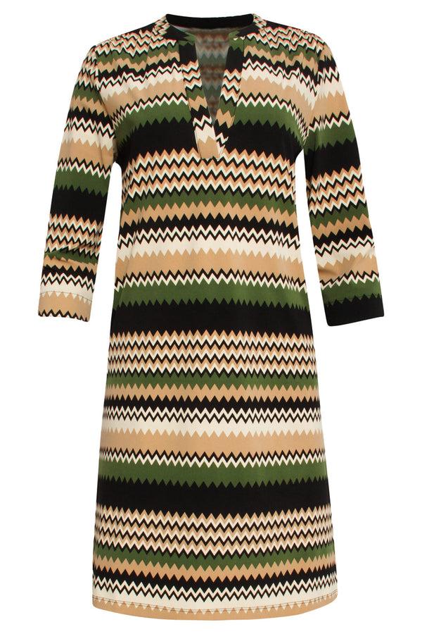 Smashed Lemon 24709 Fitted Zigzag Print Travel Kwaliteit Jurk | Sand-Multicolour
