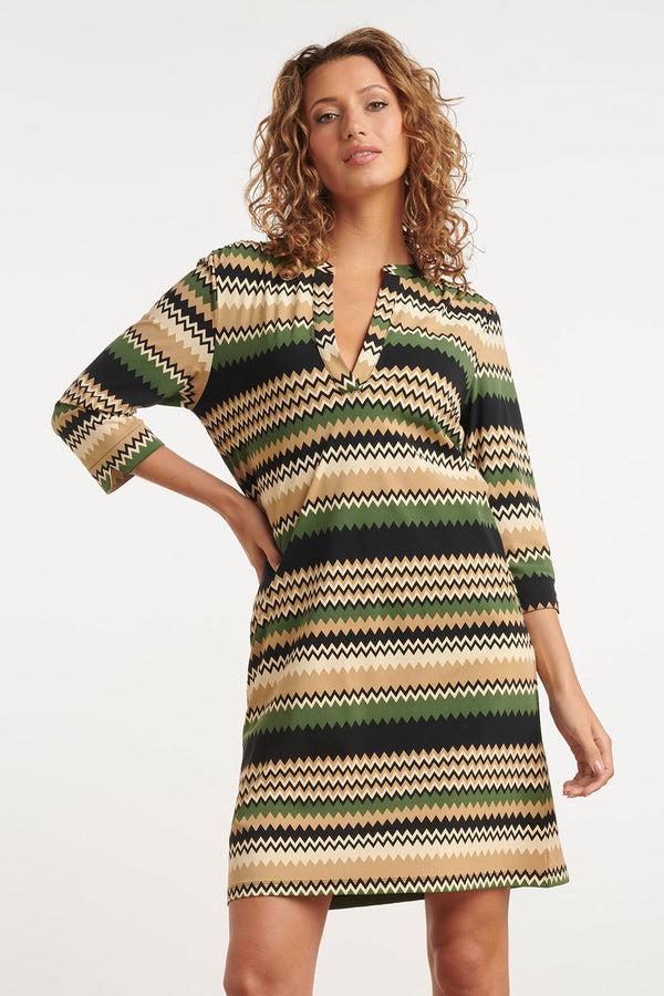 smashed lemon 24709 Fitted Zigzag Print Travel Kwaliteit Jurk | Sand-Multicolour