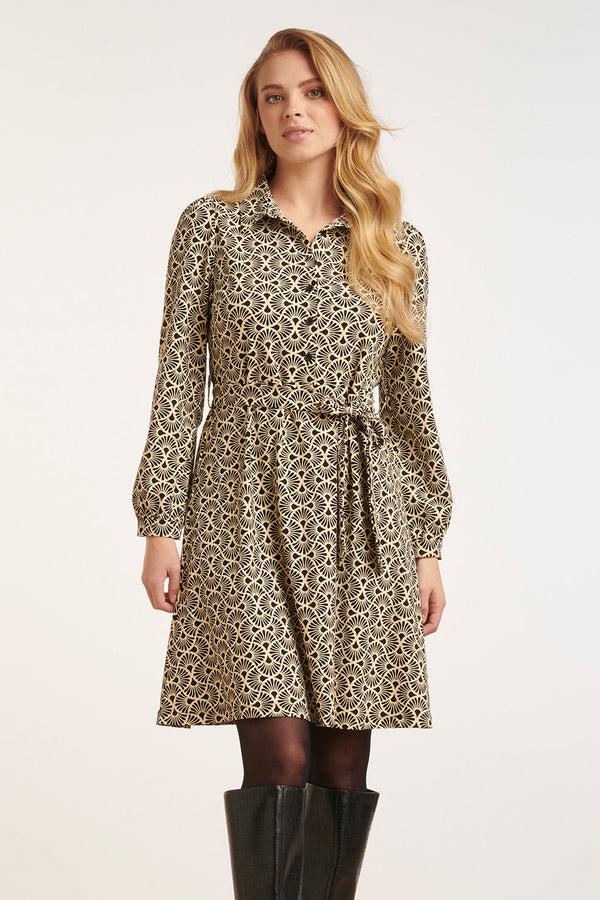 smashed lemon 24713 Grafisch Bloemige Travel Kwaliteit Jurk | Sand-Black