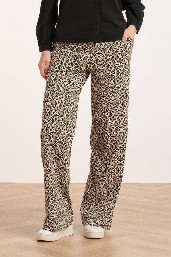 smashed lemon 24729 Stijlvolle Grafische Bloemenprint Travel Kwaliteit Broek | Sand-Black