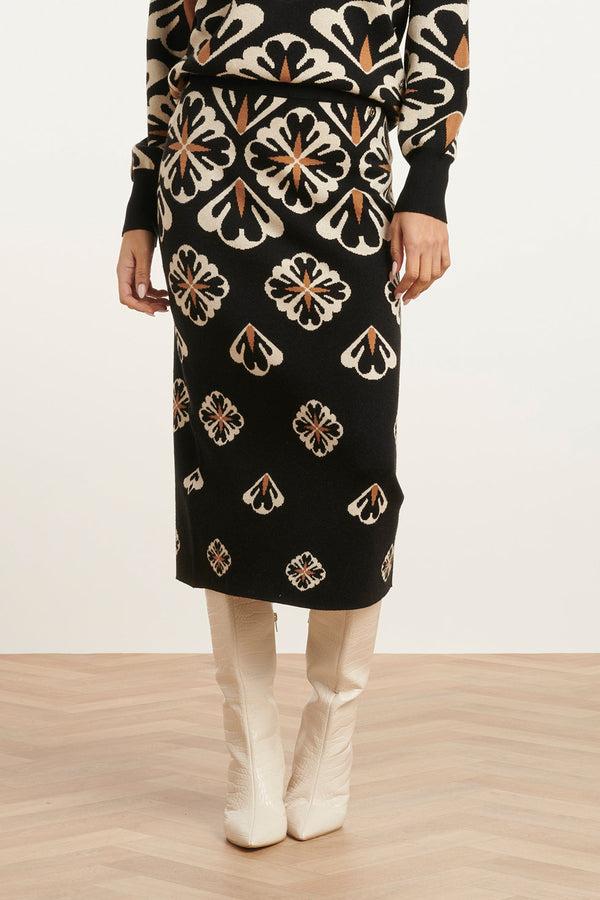 smashed lemon 24778 E Gebreide Rok Met Grafische Bloemenprint | Black-Sand