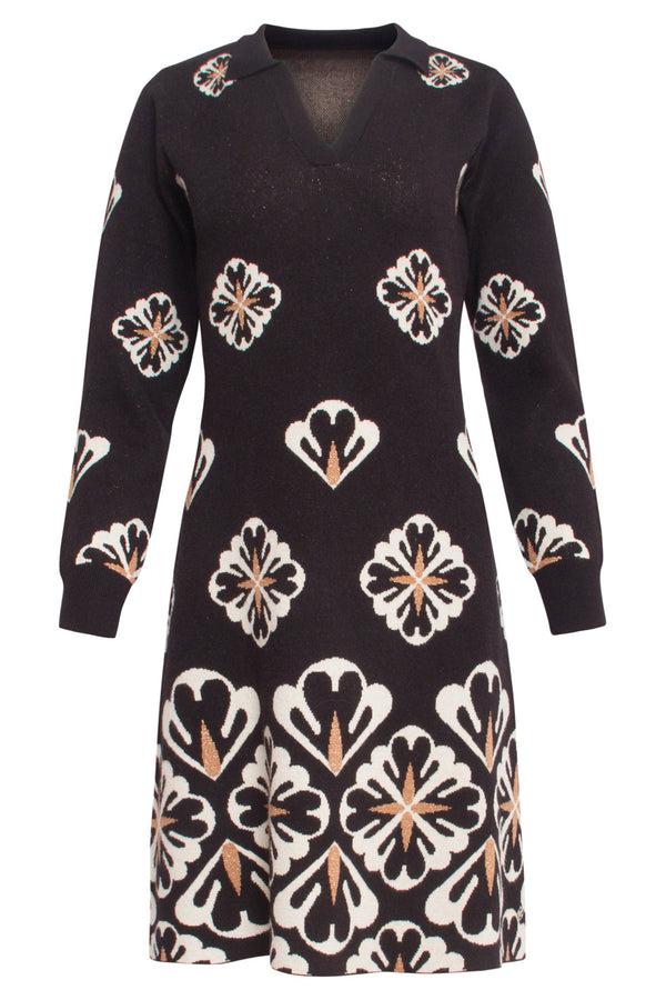 Smashed Lemon 24779 E Gebreide Jurk Met Grafische Bloemenprint | Black-Sand