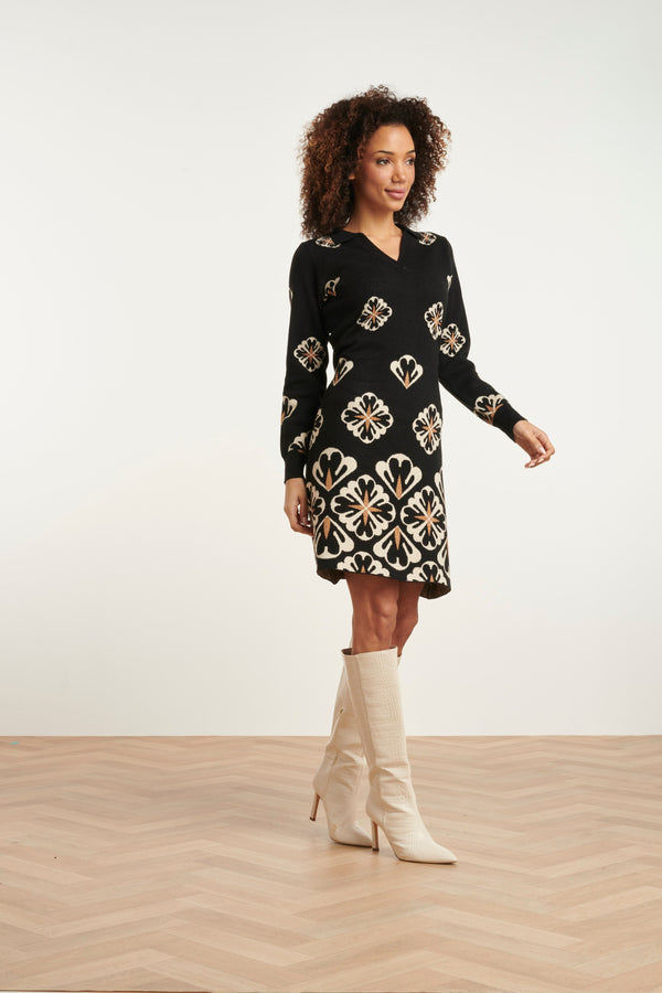 Smashed Lemon 24779 E Gebreide Jurk Met Grafische Bloemenprint | Black-Sand