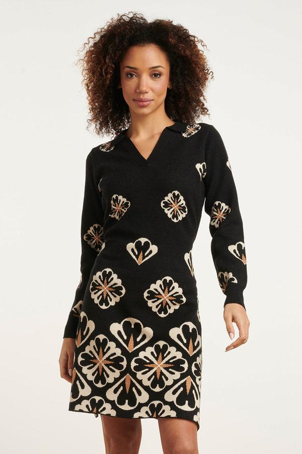 smashed lemon 24779 E Gebreide Jurk Met Grafische Bloemenprint | Black-Sand