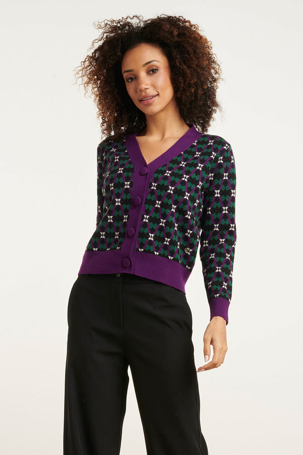 smashed lemon 24781 Gebreide Cardigan Met Retro Print | Multicolour-Purple