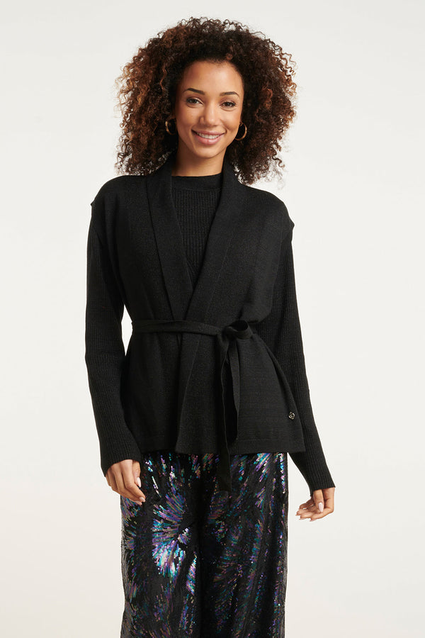 smashed lemon 24789 E Geribde Mouwloze Cardigan Met Lurex | Black