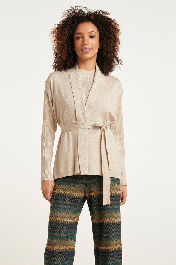 smashed lemon 24789 Geribde Mouwloze Cardigan Met Lurex | Sand