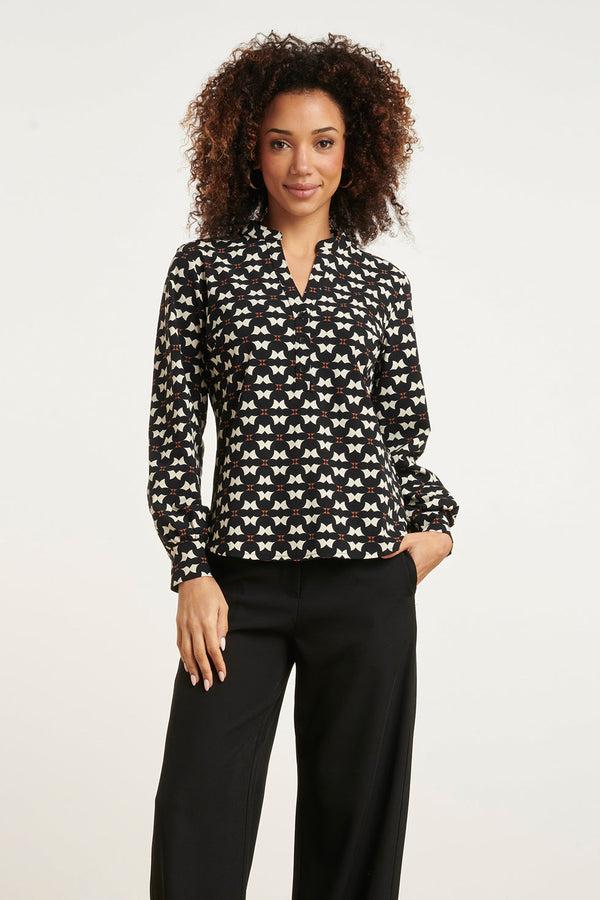 smashed lemon 24820 Grafisch Geprint Travel Kwaliteit Blouse | Black-Sand