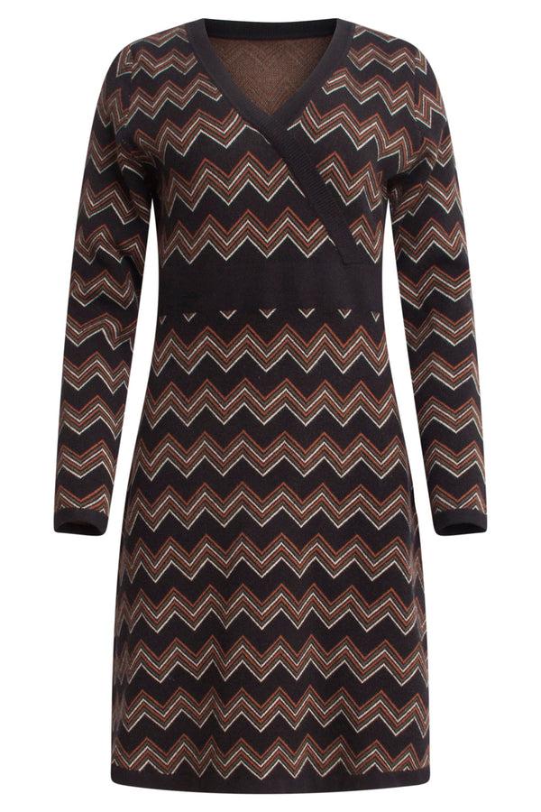 Smashed Lemon 24902 Multicolour Gebreide Zigzagprint Gebreide Jurk | Black-Brown
