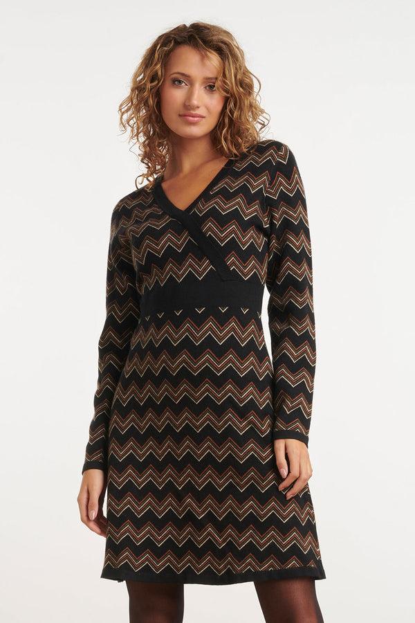 smashed lemon 24902 Multicolour Gebreide Zigzagprint Gebreide Jurk | Black-Brown