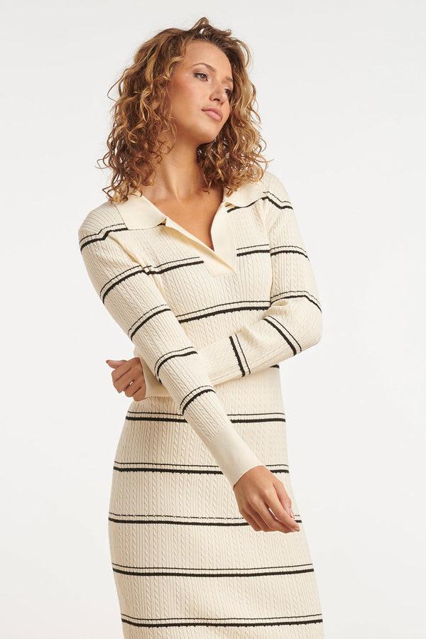 Smashed Lemon 24908 Midi Jurk Met Geribbelde Halslijnstreepstructuur | Black-White