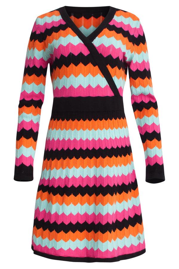 smashed lemon 24913 V-Hals Zigzag Gestreept Gebreid Jurk | Muticolour