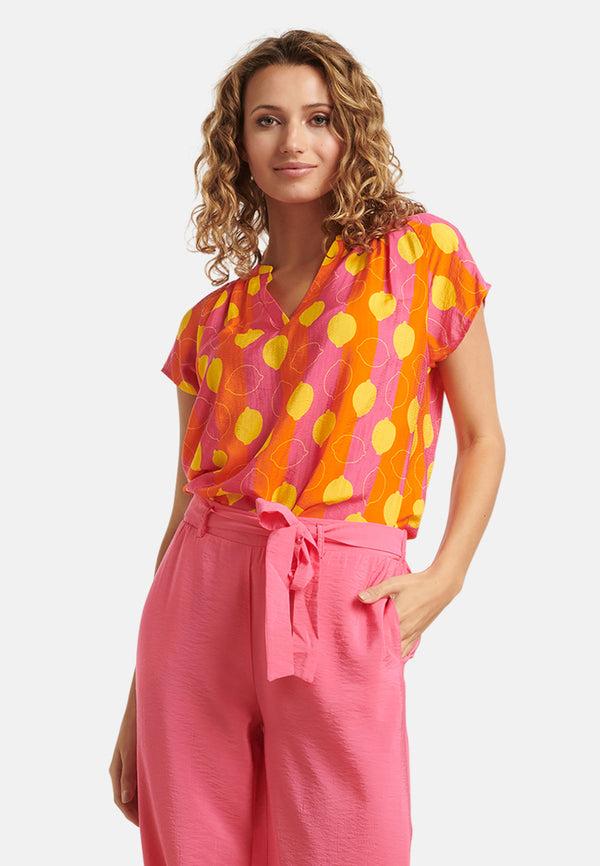 Smashed Lemon 25001 V-Hals Korte Mouw Top Met Citroenstrepen Print | Muticolour