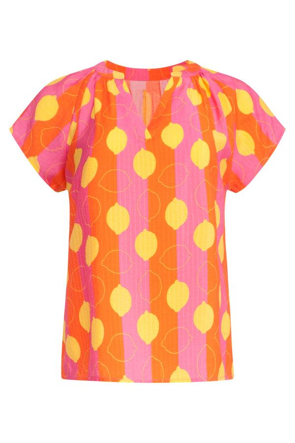 Smashed Lemon 25001 V-Hals Korte Mouw Top Met Citroenstrepen Print | Muticolour