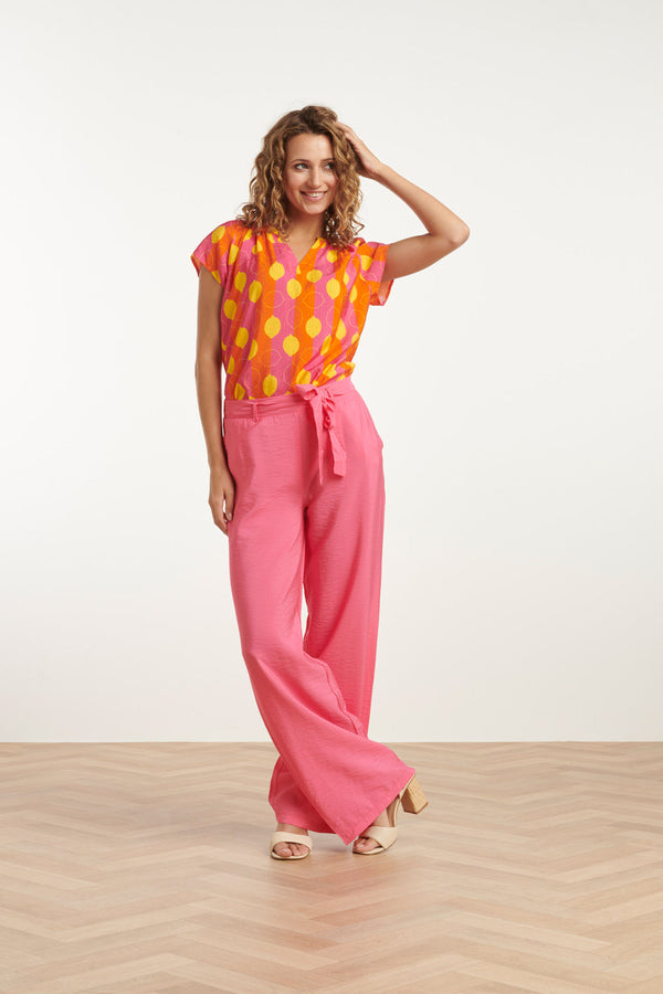 Smashed Lemon 25001 V-Hals Korte Mouw Top Met Citroenstrepen Print | Muticolour