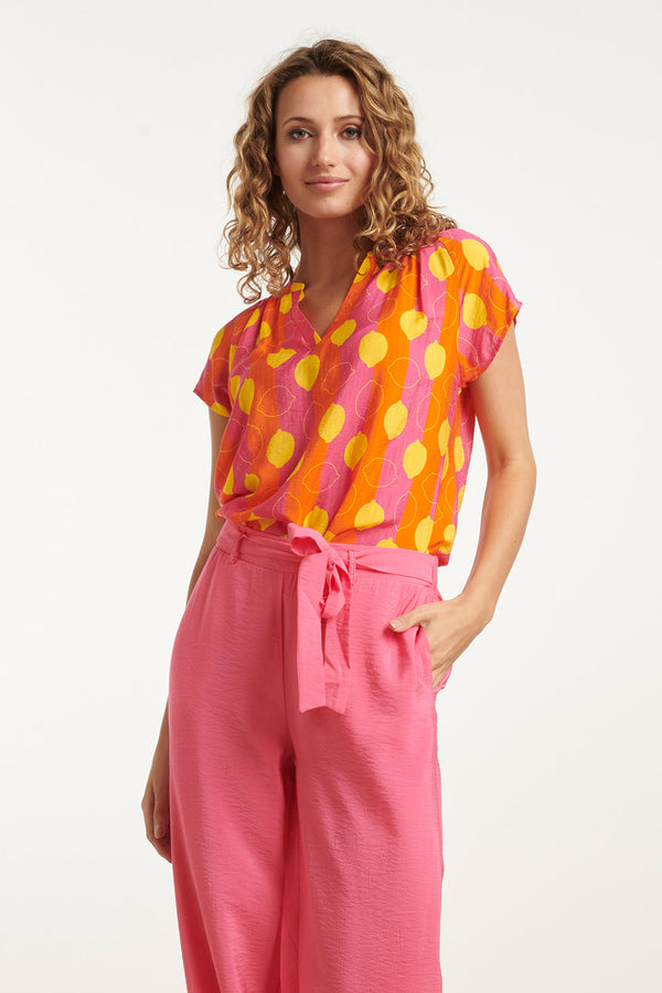 smashed lemon 25001 V-Hals Korte Mouw Top Met Citroenstrepen Print | Muticolour