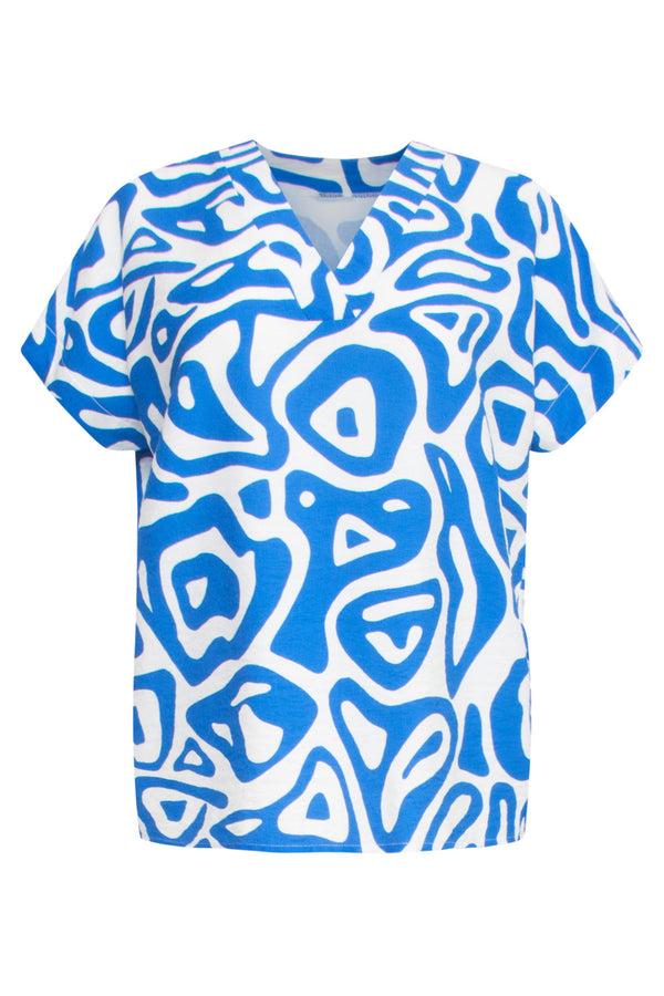 Smashed Lemon 25002 V-Hals Top Met Te Abstracte Printlosse Pasvorm | Cobalt Blue-White
