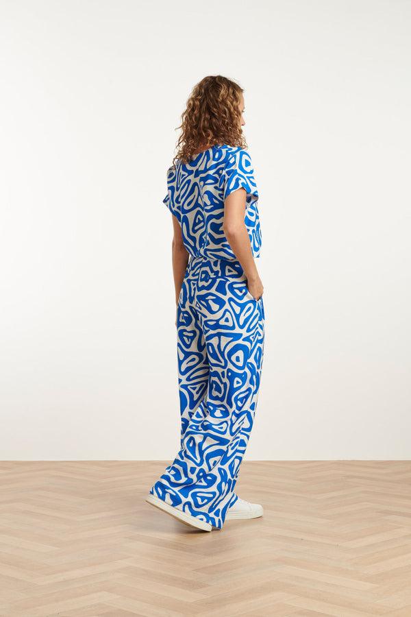 Smashed Lemon 25004 Wijde Broek Met Te Abstracte Print | Cobalt Blue-White
