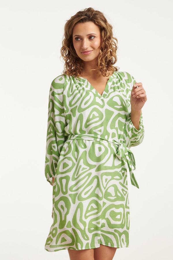 Smashed Lemon 25005 Crinkle Jurk Met Lichtte Abstracte Print | Light Green-White