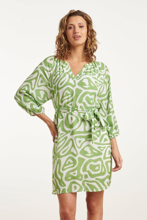 smashed lemon 25005 Crinkle Jurk Met Lichtte Abstracte Print | Light Green-White