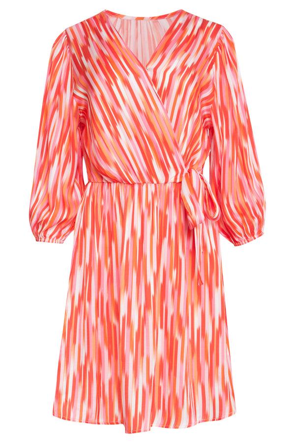 Smashed Lemon 25007 Gestreepte Satijn Jurk Met Driekwart Mouwen | Red-Multicolour