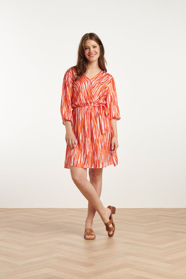 Smashed Lemon 25007 Gestreepte Satijn Jurk Met Driekwart Mouwen | Red-Multicolour