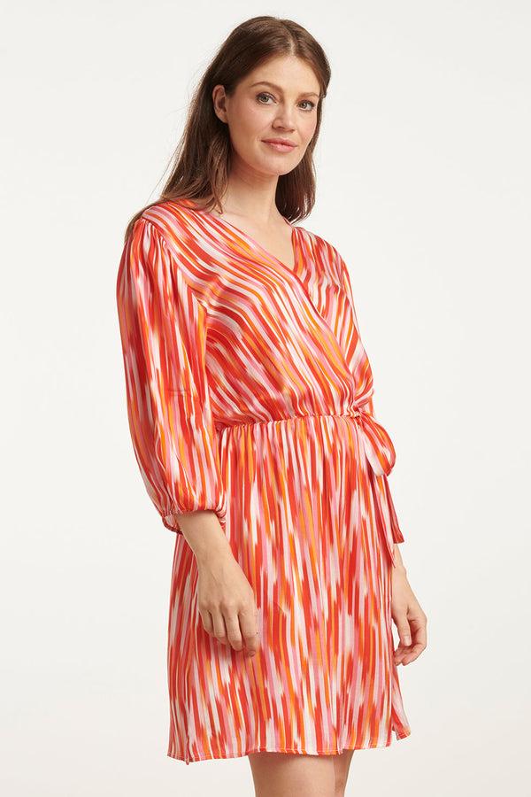 Smashed Lemon 25007 Gestreepte Satijn Jurk Met Driekwart Mouwen | Red-Multicolour