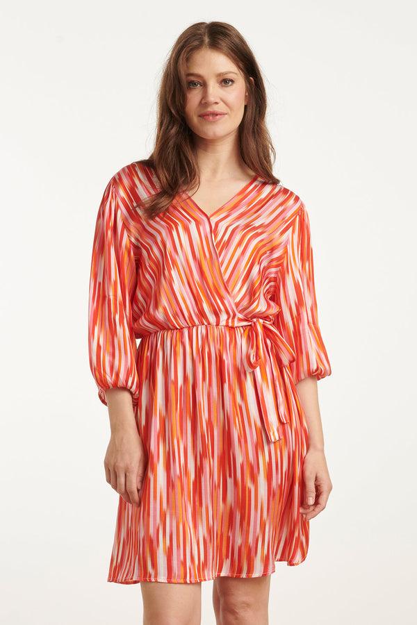 smashed lemon 25007 Gestreepte Satijn Jurk Met Driekwart Mouwen | Red-Multicolour