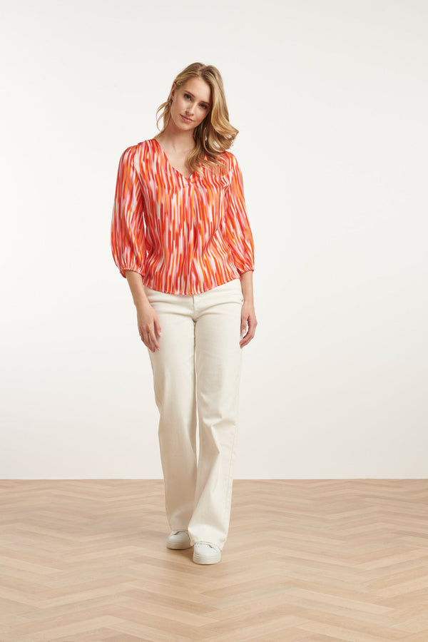Smashed Lemon 25008 Gestreepte V-Hals Satijn Top | Red-Multicolour