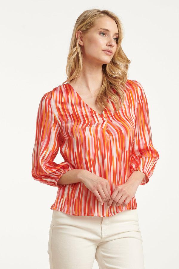 Smashed Lemon 25008 Gestreepte V-Hals Satijn Top | Red-Multicolour