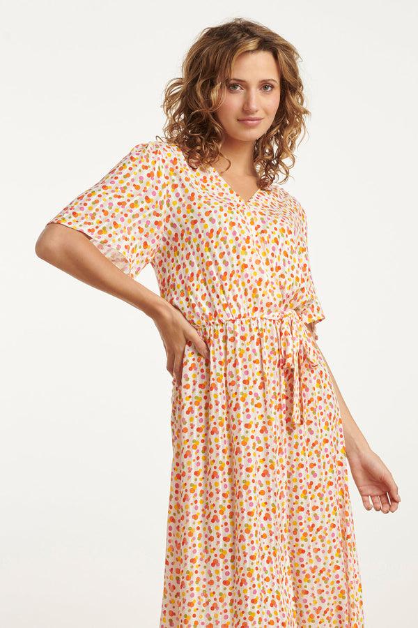 Smashed Lemon 25009 V- Hals Maxi Jurk Met Polka Dot Print | White-Multicolour