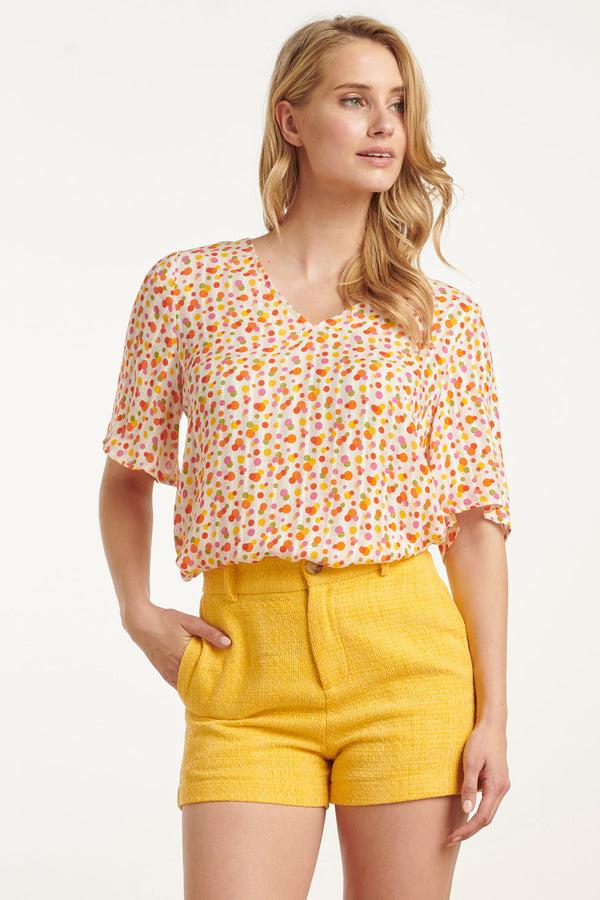 Smashed Lemon 25010 V-Hals Top Met Polka Dot Print | White-Multicolour