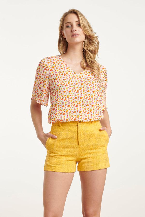 smashed lemon 25010 V-Hals Top Met Polka Dot Print | White-Multicolour
