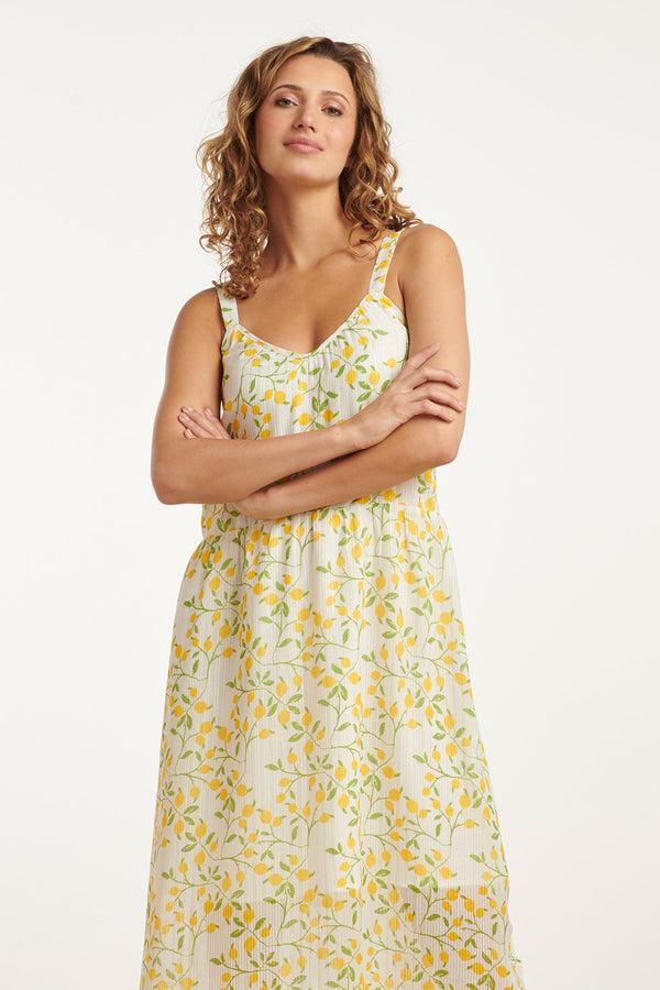 Smashed Lemon 25011 Midi Strappy Jurk Met Citroenprint | White-Multicolour