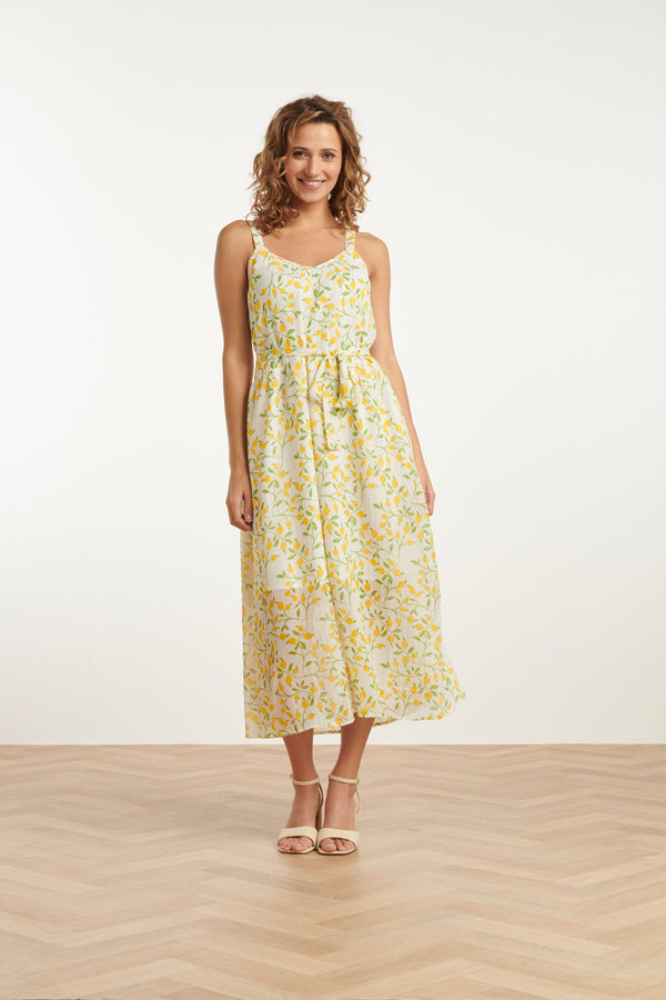smashed lemon 25011 Midi Strappy Jurk Met Citroenprint | White-Multicolour