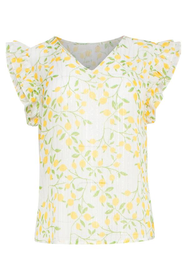 Smashed Lemon 25012 Chiffon Top Met Frilly Mouwencitroenprint | White-Multicolour