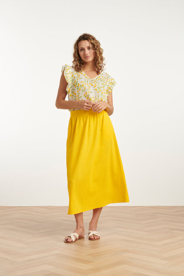 Smashed Lemon 25012 Chiffon Top Met Frilly Mouwencitroenprint | White-Multicolour