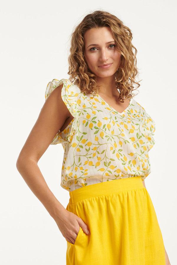 Smashed Lemon 25012 Chiffon Top Met Frilly Mouwencitroenprint | White-Multicolour