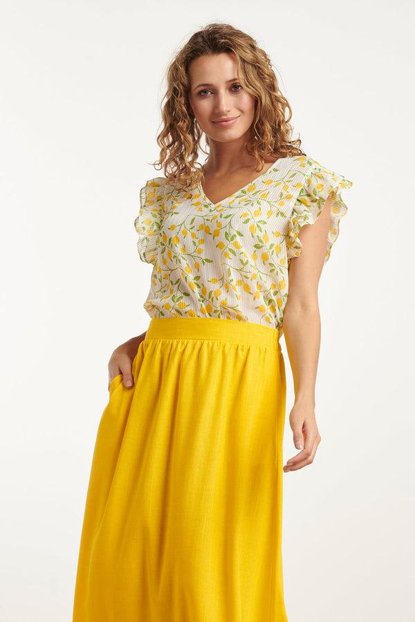 smashed lemon 25012 Chiffon Top Met Frilly Mouwencitroenprint | White-Multicolour