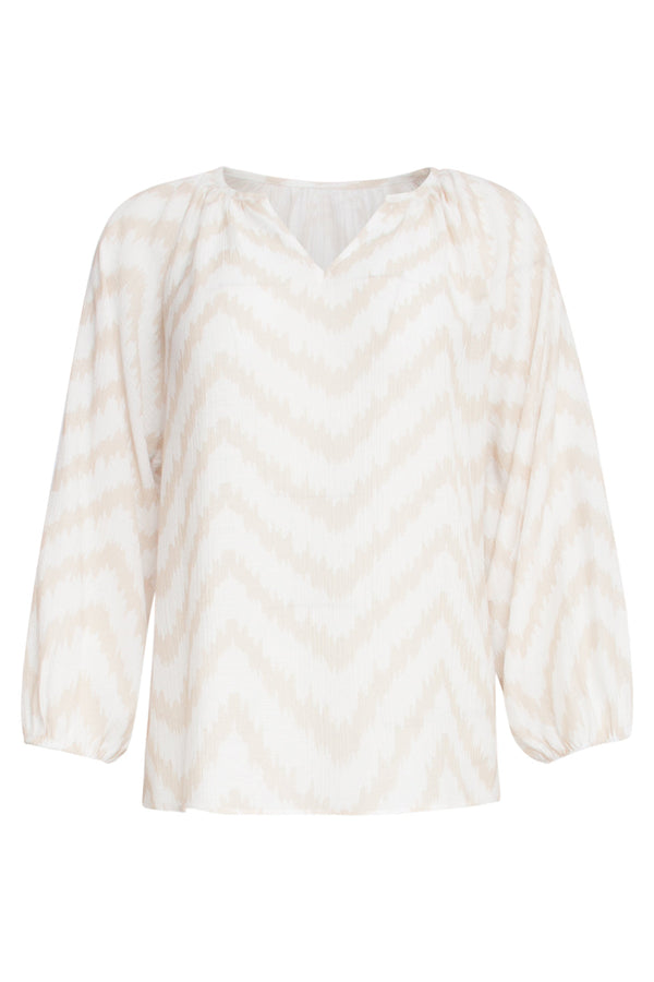 Smashed Lemon 25013 Zachtevloeiende 3/4 Mouw Top Met Zigzag Print | Sand-Off White
