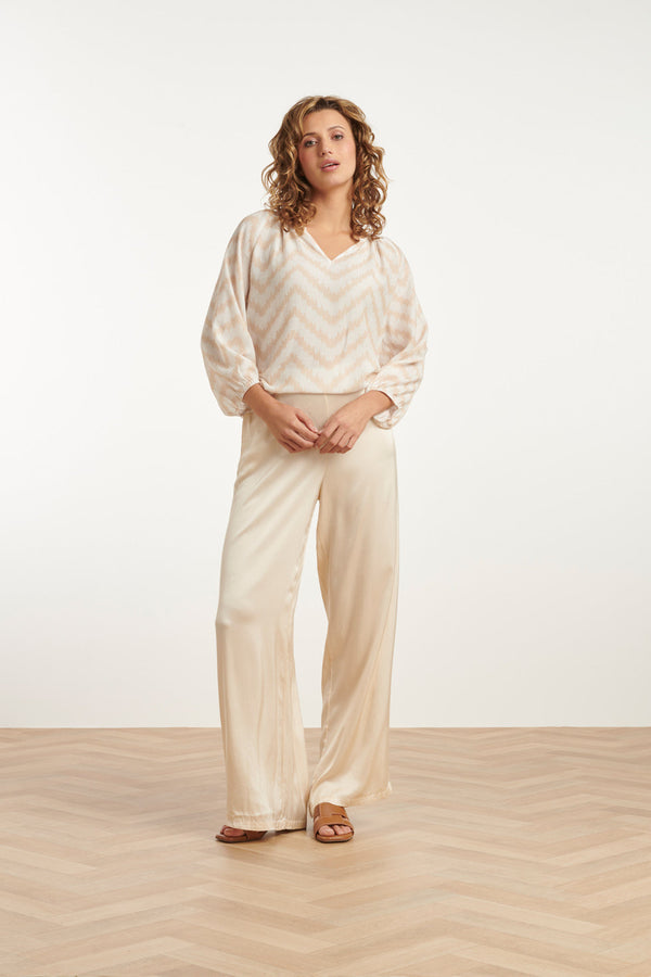 Smashed Lemon 25013 Zachtevloeiende 3/4 Mouw Top Met Zigzag Print | Sand-Off White