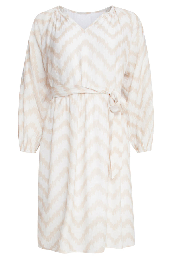 Smashed Lemon 25014 Zachtevloeiende 3/4 Mouw Jurk Met Zigzag Print | Sand-Off White