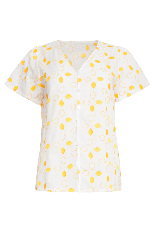 Smashed Lemon 25016 Te Katoenen Blouse Met Citroen Borduursels | White-Yellow